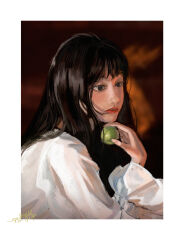 Rule 34 | 1girl, black background, black eyes, black hair, blurry, blurry background, border, chinese commentary, commentary request, dated, expressionless, eyelashes, fingernails, food, frilled sleeves, frills, fruit, hair over shoulder, highres, holding, holding food, holding fruit, lipstick, long hair, long sleeves, looking ahead, makeup, one-hour drawing challenge, original, parted lips, red lips, sanshui guantang, shirt, signature, solo, upper body, white border, white shirt