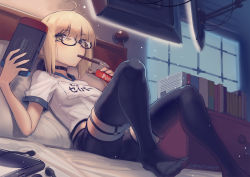 Rule 34 | 1girl, ahoge, artoria pendragon (fate), blonde hair, blush, boa (brianoa), breasts, choker, dutch angle, earphones, fate/grand order, fate (series), food, from below, headboard, headset, highres, looking away, mysterious heroine x alter (fate), mysterious heroine x alter (second ascension) (fate), nintendo switch, pocky, semi-rimless eyewear, short hair, short shorts, shorts, small breasts, solo, thighhighs, twitter username, window, yellow eyes