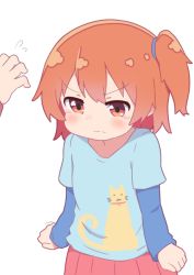 Rule 34 | 2girls, angry, animal print, blue shirt, blush, brown hair, casual, cat print, child, clenched hands, closed mouth, commentary request, flying sweatdrops, hair between eyes, hatafuta, hoshino hinata, hoshino miyako (wataten), layered sleeves, long hair, long sleeves, motion lines, multiple girls, out of frame, pleated skirt, print shirt, red skirt, shirt, short over long sleeves, short sleeves, siblings, side ponytail, simple background, sisters, skirt, solo focus, split mouth, standing, tearing up, trembling, watashi ni tenshi ga maiorita!, wavy mouth, white background
