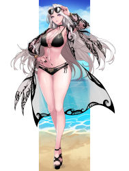 Rule 34 | 1girl, absurdres, adjusting eyewear, beach, bikini, black bikini, blue sky, bracelet, breasts, carmilla (fate), carmilla (swimsuit rider) (fate), carmilla (swimsuit rider) (third ascension) (fate), chain, choker, cleavage, collarbone, curly hair, curvy, day, dress, eyewear on head, fate/grand order, fate (series), feet, fingernails, floating hair, full body, glasses, hand on own hip, hella p, high heels, highres, jewelry, large breasts, legs, long hair, long sleeves, looking at viewer, nail polish, navel, o-ring, open clothes, parted lips, pink eyes, sand, see-through, silver hair, sky, solo, standing, sunglasses, sunglasses on head, swimsuit, thigh gap, thighs, toenails, toes, very long hair, water, wide hips, wind