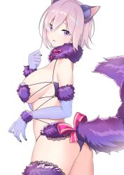Rule 34 | 1girl, absurdres, animal ears, ass, bare shoulders, bow, breasts, commentary, elbow gloves, fate/grand order, fate (series), fur-trimmed gloves, fur-trimmed legwear, fur collar, fur trim, gloves, hair over one eye, highres, lace, lace-trimmed legwear, lace trim, large breasts, light purple hair, looking at viewer, mash kyrielight, mash kyrielight (dangerous beast), o-ring, official alternate costume, open mouth, oxygen mask (oxygenmask233), purple eyes, purple gloves, purple legwear, revealing clothes, short hair, solo, tail, wolf ears, wolf tail