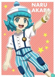Rule 34 | 1girl, :d, akaba naru, aqua eyes, aqua footwear, aqua hair, arm up, badge, beyblade, beyblade: burst, blue pants, blunt bangs, bracelet, bright pupils, buttons, character name, collared shirt, flat chest, jewelry, looking at viewer, onomekaman, open mouth, outline, pants, shirt, short hair, short sleeves, smile, solo, standing, star (symbol), striped background, striped clothes, striped pants, suspenders, v, vertical-striped clothes, vertical-striped pants, white headwear, white outline, white shirt