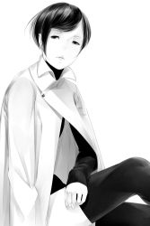 Rule 34 | 1girl, arm at side, black eyes, black hair, black sweater, black thighhighs, buttons, coat, crossed legs, eyelashes, greyscale, highres, lips, long sleeves, looking to the side, monochrome, original, parted lips, short hair, simple background, sitting, sleeves past wrists, solo, sousou (sousouworks), sweater, swept bangs, thighhighs, turtleneck, very short hair, white background