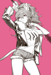 Rule 34 | 1girl, animal ears, arknights, arm up, black jacket, candy, club (weapon), eyebrows hidden by hair, food, hair between eyes, high ponytail, highres, holding, holding weapon, jacket, limited palette, lion ears, lion tail, lollipop, long hair, looking to the side, messy hair, mizuno star, open clothes, open jacket, open mouth, pink background, pink eyes, ponytail, short shorts, shorts, siege (arknights), simple background, solo, tail, tank top, thighs, weapon