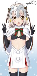 Rule 34 | 1girl, :d, ahoge, bikini, bikini top only, black bikini, black gloves, black thighhighs, blonde hair, blush, bow, bowtie, brown eyes, cape, commentary request, cowboy shot, dated, double v, elbow gloves, fate/grand order, fate (series), flat chest, fur-trimmed cape, fur-trimmed gloves, fur trim, gloves, gradient background, hair bow, hand gesture, high-waist skirt, jeanne d&#039;arc (fate), jeanne d&#039;arc alter (fate), jeanne d&#039;arc alter santa lily (fate), looking at viewer, multicolored bow, multicolored bowtie, open mouth, pom pom (clothes), ppshex, shiny skin, short hair, skirt, smile, snowflakes, solo, standing, star (symbol), striped bow, striped bowtie, striped clothes, striped neckwear, swimsuit, thighhighs, translation request, v, white cape, white skirt, zettai ryouiki