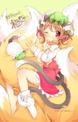 Rule 34 | 1girl, :3, animal ears, bow, braid, brown eyes, brown hair, cat ears, cat tail, chen, dress, ear piercing, fang, fox tail, hat, highres, hugging another&#039;s tail, hugging tail, ibaraki natou, large tail, long sleeves, looking at viewer, mob cap, multiple tails, nekomata, one eye closed, piercing, red dress, shirt, single braid, single sock, socks, tail, tail wrap, touhou, two tails, yakumo ran