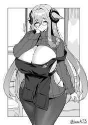Rule 34 | 1girl, animal ears, apron, azur lane, batsu, breasts, cleavage, curvy, friedrich carl (a game of love) (azur lane), friedrich carl (azur lane), glass, highres, horns, huge breasts, kitchen, long hair, looking at viewer, mole, mole on breast, mole under mouth, musical note, pantyhose, ribbed sweater, solo, sweater, thick thighs, thighs, thong, wide hips