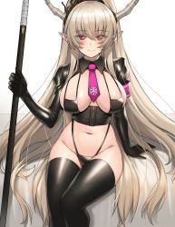 Rule 34 | 1girl, absurdres, arknights, armband, bed sheet, bikini, black bikini, black thighhighs, blonde hair, breasts, cleavage, closed mouth, corset, groin, highres, holding, holding staff, horns, large breasts, long hair, looking at viewer, nanni jjang, necktie, on bed, pink necktie, pointy ears, ponytail, red eyes, shining (arknights), shrug (clothing), simple background, sitting, smile, staff, swimsuit, thighhighs, thong bikini, very long hair, white background, wing collar, zipper