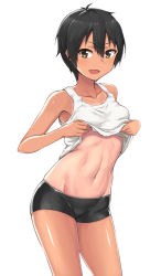 Rule 34 | 1girl, :d, bare arms, bare shoulders, black hair, breasts, brown eyes, clothes lift, collarbone, contrapposto, cowboy shot, groin, hair between eyes, hands up, hashi, highres, lifting own clothes, looking at viewer, medium breasts, midriff, navel, open mouth, original, short hair, short shorts, shorts, simple background, smile, solo, standing, stomach, tan, tank top, tanline, toned, white background, yellow eyes