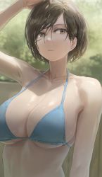 Rule 34 | 1girl, absurdres, arm up, armpits, bare arms, bare shoulders, bikini, black hair, blue bikini, breasts, brown eyes, cleavage, collarbone, expressionless, free style (yohan1754), halterneck, halterneck, highres, large breasts, looking at viewer, original, parted lips, short hair, solo, strap gap, string bikini, swimsuit, upper body, wet