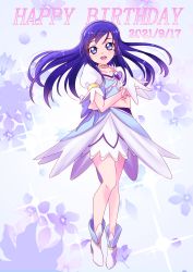 Rule 34 | 1girl, absurdres, birthday, blue background, blue dress, blue eyes, blue hair, boots, bracelet, brooch, choker, collarbone, crossed arms, cure diamond, dated, dokidoki! precure, dress, floral background, forehead, full body, hair ornament, happy birthday, heart, heart brooch, highres, hishikawa rikka, jewelry, looking at viewer, open mouth, precure, puffy sleeves, ribbon, sash, smile, solo, spade hair ornament, tirofinire, white footwear, yellow choker