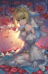 Rule 34 | 10s, 1girl, belt, blonde hair, breasts, detached sleeves, fate/extra, fate/extra ccc, fate (series), flower, from side, gloves, green eyes, head wreath, highleg, highleg leotard, highres, large breasts, leotard, lock, looking at viewer, loose belt, nero claudius (bride) (fate), nero claudius (bride) (second ascension) (fate), nero claudius (fate), nero claudius (fate) (all), padlock, petals, profile, short hair, sitting, smile, solo, strapless, strapless leotard, tuanzi miao, veil, wariza, white leotard