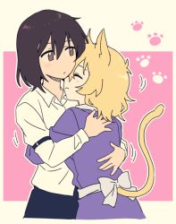 Rule 34 | 2girls, :/, ^ ^, animal ears, arm strap, back bow, beige border, beige outline, black hair, blonde hair, blush, border, bow, brown eyes, cat ears, cat girl, cat tail, closed eyes, collared shirt, commentary request, couple, cowboy shot, cropped legs, cuddling, dress, expressionless, facing away, facing viewer, flat color, from behind, from side, grey bow, hair between eyes, hand on another&#039;s back, hands on another&#039;s back, hands up, hatching (texture), kemonomimi mode, linear hatching, long sleeves, looking away, maribel hearn, motion lines, multiple girls, no headwear, no nose, nuzzle, outline, outside border, paw print, paw print background, pink background, purple dress, re ghotion, sash, shirt, short hair, standing, tail, tail raised, tareme, touhou, usami renko, white shirt, wing collar, yuri