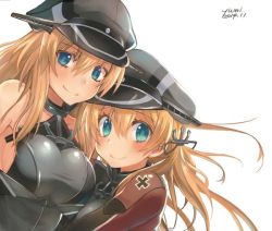 Rule 34 | 10s, 2girls, anchor hair ornament, artist name, bare shoulders, bismarck (kancolle), black ribbon, blonde hair, blue eyes, blush, breasts, collarbone, cross, dated, hair ornament, hair ribbon, hat, hug, iron cross, kantai collection, large breasts, long hair, long sleeves, military, military uniform, multiple girls, peaked cap, prinz eugen (kancolle), ribbon, sideboob, simple background, smile, twintails, uniform, white background, yumi yumi
