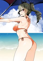 Rule 34 | 10s, 1girl, anchovy (girls und panzer), ass, bad id, bad twitter id, beach, bikini, black ribbon, blue skirt, breasts, cloud, cloudy sky, commentary, cowboy shot, day, drill hair, from side, girls und panzer, green hair, hair ribbon, highres, holding, holding umbrella, light particles, long hair, looking at viewer, looking back, medium breasts, nakasone haiji, ocean, open mouth, orange bikini, outdoors, red eyes, ribbon, side-tie bikini bottom, skirt, sky, smile, solo, standing, swimsuit, thighs, twin drills, twintails, umbrella