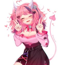 Rule 34 | 1girl, :d, ^ ^, ahoge, bare shoulders, bell, belt, blush, breasts, closed eyes, commentary, demon tail, detached sleeves, double v, english commentary, facing viewer, fang, hair bell, hair ornament, heart, heart ahoge, heart hair ornament, highres, horns, indie virtual youtuber, ironmouse, ironmouse (1st costume), jingle bell, large breasts, long hair, multicolored hair, neck bell, neck ribbon, open mouth, pink hair, puffy detached sleeves, puffy sleeves, purple hair, ribbon, savi (byakushimc), simple background, smile, solo, streaked hair, tail, twitter username, two-tone hair, two side up, v, virtual youtuber, white background