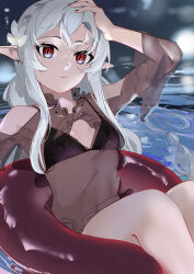 Rule 34 | 1girl, absurdres, ao oni (onioni-aoi), arknights, bare shoulders, bikini, bikini under clothes, black bikini, black nails, blush, clothing cutout, dress, feet out of frame, flower, grey hair, hair between eyes, hair flower, hair ornament, highres, inflatable toy, long hair, long sleeves, looking at viewer, official alternate costume, pointy ears, red eyes, see-through, see-through shirt, shirt, shoulder cutout, solo, swimsuit, swimsuit cover-up, vampire, warfarin (arknights), warfarin (casual vacation) (arknights), water, white flower, white hair