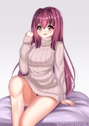 Rule 34 | 1girl, :d, bresh, dress, fate/grand order, fate (series), highres, katou shinobu, long hair, open mouth, purple hair, red eyes, scathach (fate), scathach (fate), sitting, smile, solo, sweater, sweater dress