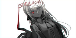 Rule 34 | 1girl, absurdres, black gloves, blood, blood writing, chihuri, closed mouth, collared shirt, dress shirt, dutch angle, eve (chihuri), gloves, grey eyes, hair between eyes, highres, long hair, looking at viewer, mirrored text, original, red eyes, russian text, shirt, simple background, solo, very long hair, white background, white hair, white shirt