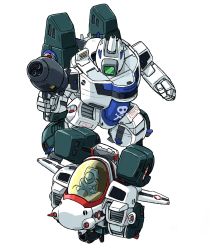 Rule 34 | aircraft, airplane, chibi, choujikuu yousai macross, clenched hand, faceless, fighter jet, flying, gun, holding, holding gun, holding weapon, jet, looking down, macross, mecha, military, military vehicle, moukin punch, robot, variable fighter, vehicle focus, vf-1, weapon, white background