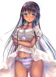Rule 34 | 1girl, bad id, bad pixiv id, black hair, blue eyes, blush, breasts, cameltoe, commentary request, dark-skinned female, dark skin, dress, hairband, large breasts, long hair, looking at viewer, milk, open mouth, original, panties, pantyshot, ponytail korosuke, revision, simple background, solo, striped clothes, striped panties, underwear, white background, white dress
