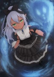 Rule 34 | 1girl, black bow, black dress, blue hair, bow, character request, dark skin, dark-skinned female, dress, expressionless, female focus, ghost, gloves, green eyes, hair bow, highres, looking at viewer, nitera1041, pointy ears, sennen sensou aigis, solo