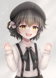 Rule 34 | 1girl, :d, beret, black bow, black hat, black ribbon, black skirt, blush, bow, brown eyes, brown hair, claw pose, collared shirt, endsmall min, fangs, fingernails, flower, hair between eyes, hair flower, hair ornament, hair ribbon, hair rings, hands up, hat, hatoba tsugu, highres, long sleeves, looking at viewer, mole, mole under eye, open mouth, ribbon, rose, shirt, skirt, smile, solo, suspender skirt, suspenders, v-shaped eyebrows, virtual youtuber, white flower, white rose, white shirt