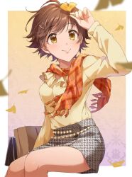 Rule 34 | 1girl, arm up, bag, blurry, blurry foreground, blush, border, breasts, brown eyes, brown hair, closed mouth, dot nose, falling leaves, gradient background, grey skirt, hair ornament, hairclip, handbag, holding, holding leaf, honda mio, idolmaster, idolmaster cinderella girls, idolmaster cinderella girls starlight stage, invisible chair, leaf, long sleeves, looking at viewer, medium breasts, miniskirt, orange scarf, outside border, paper bag, pencil skirt, plaid, plaid scarf, scarf, shirt, short hair, sitting, skirt, smile, solo, white border, yellow background, yellow shirt, zattape