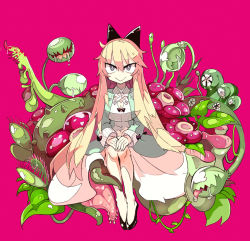 Rule 34 | 1girl, :&gt;, blonde hair, bow, breasts, carnivorous plant, cleavage, dress, drooling, flower, green eyes, hair bow, hands on lap, high heels, large breasts, light smile, long hair, md5 mismatch, no socks, original, plant, pumps, rafflesia (flower), red background, saliva, sitting, smile, solo, terada tera, venus flytrap, very long hair