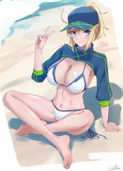 Rule 34 | 1girl, absurdres, artoria pendragon (fate), barefoot, baseball cap, bikini, blue jacket, breasts, cleavage, commentary request, cropped jacket, fate/grand order, fate (series), hat, highres, indian style, jacket, kasumi saika, large breasts, looking at viewer, mysterious heroine x (fate), mysterious heroine xx (fate), shrug (clothing), side-tie bikini bottom, sitting, smile, solo, swimsuit, v, white bikini