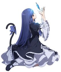 Rule 34 | 1girl, blue hair, bow, cat tail, crystal, dress, frederica bernkastel, ganno, kakera, looking at object, mary janes, shoes, tail, umineko no naku koro ni, white background, witch