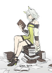 Rule 34 | 1girl, absurdres, animal ears, arknights, black footwear, book, book stack, commentary, dress, green dress, green eyes, green hair, highres, holding, holding book, kal&#039;tsit (arknights), off-shoulder dress, off shoulder, pokarii zuu, short hair, sitting on books, sketch, solo, white background, white sleeves