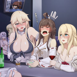 Rule 34 | 10s, 6+girls, absinthe, ahoge, alcohol, bare shoulders, beer, blonde hair, blue eyes, blush, braid, breasts, brown hair, censored, censored nipples, cleavage, commentary request, crown, crown braid, crying, cup, darkmaya, detached sleeves, double bun, drinking glass, drunk, elbow gloves, fingerless gloves, french braid, gloves, hair between eyes, hair bun, hair censor, headgear, unworn headgear, identity censor, iowa (kancolle), kantai collection, kedama (touhou), kongou (kancolle), large breasts, long hair, mini crown, multiple girls, nontraditional miko, nude, off shoulder, one eye closed, open mouth, pola (kancolle), ponytail, smile, snot, star-shaped pupils, star (symbol), symbol-shaped pupils, tears, television, touhou, translation request, warspite (kancolle), whiskey, wine, wine glass, yamato (kancolle), zara (kancolle)