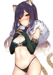 Rule 34 | 1girl, animal ear fluff, animal ears, bikini, black gloves, black hair, blush, breasts, capelet, cowboy shot, earrings, elbow gloves, fingerless gloves, full-face blush, fur capelet, gloves, hase neet, jewelry, looking at viewer, navel, own hands clasped, own hands together, parted bangs, princess connect!, shiori (princess connect!), small breasts, solo, striped tail, swimsuit, tail, tiger ears, tiger tail, white background, yellow eyes