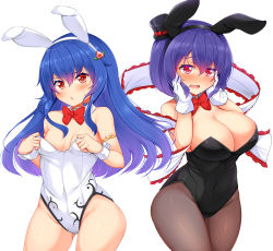 Rule 34 | 2girls, alternate costume, animal ears, armlet, bare arms, bare shoulders, black hairband, black hat, blue hair, blush, bow, bowtie, breasts, cleavage, commentary request, covered navel, cowboy shot, daichi (tokoya), detached collar, embarrassed, fake animal ears, food-themed hair ornament, frilled shawl, frills, gloves, gluteal fold, gradient hair, groin, hair between eyes, hair ornament, hairband, hands on own cheeks, hands on own face, hat, hat bow, highres, hinanawi tenshi, large breasts, leotard, long hair, looking at viewer, medium breasts, mini hat, mini top hat, multicolored hair, multiple girls, nagae iku, no headwear, nose blush, pantyhose, peach hair ornament, playboy bunny, purple hair, rabbit ears, red bow, red eyes, red neckwear, see-through, see-through legwear, shawl, short hair, simple background, standing, thighs, top hat, touhou, white background, white gloves, white hairband, wrist cuffs