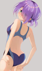 Rule 34 | 1girl, ass, back, blue one-piece swimsuit, blush, breasts, cafe stella to shinigami no chou, closed mouth, commentary, competition swimsuit, cowboy shot, embarrassed, eyes visible through hair, from behind, green eyes, grey background, hair over one eye, highres, hiuchidani mei, long hair, looking back, low twintails, minase kaya, nose blush, one-piece swimsuit, purple hair, short hair, short twintails, simple background, small breasts, solo, swimsuit, tan, twintails, wavy mouth