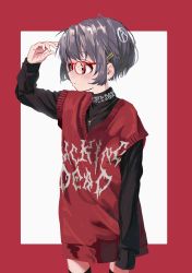 Rule 34 | 1girl, absurdres, arm at side, bad id, bad twitter id, blush, border, closed mouth, cowboy shot, cross, cross necklace, from side, gishiki (gshk), glasses, grey hair, hair ornament, hand up, highres, jewelry, long sleeves, necklace, original, outside border, profanity, red-framed eyewear, red border, red vest, short hair, solo, standing, vest, white background