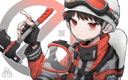 Rule 34 | 1boy, axe, child, commentary, firefighter jacket, goggles, helmet, highres, hisame mon, holding, holding weapon, jacket, looking at viewer, male focus, multicolored hair, original, solo focus, streaked hair, tagme, weapon, white background