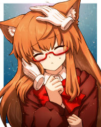 1girl, :&lt;, animal ear fluff, animal ears, bangs, blue background, blush, border, bow, bowtie, closed mouth, commentary request, disembodied limb, eyebrows visible through hair, eyes closed, facing viewer, glasses, gloves, gradient, gradient background, head tilt, highres, long sleeves, motion lines, onimaru gonpei, original, outside border, petting, red-framed eyewear, red bow, red neckwear, semi-rimless eyewear, sidelocks, solo focus, under-rim eyewear, upper body, white border, white gloves