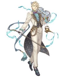 Rule 34 | 1boy, aladdin (sinoalice), anklet, blonde hair, blue eyes, bow, bow (music), bowtie, chain, chain, formal, full body, gloves, gold, gold chain, gold trim, instrument, jewelry, ji no, looking at viewer, male focus, official art, oil lamp, sinoalice, solo, suit, transparent background, violin, white gloves, white suit