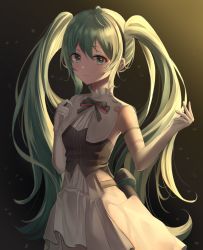 Rule 34 | 1girl, ahoge, black hairband, black ribbon, bustier, closed mouth, dress, elbow gloves, floating hair, gloves, green eyes, green hair, hair between eyes, hairband, hatsune miku, highres, leepy, long hair, looking at viewer, miku symphony (vocaloid), neck ribbon, ribbon, sleeveless, sleeveless dress, smile, solo, standing, twintails, very long hair, vocaloid, white dress, white gloves
