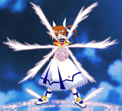 Rule 34 | 00s, 1girl, aiming, aiming at viewer, bow, closed eyes, energy ball, energy wings, full body, imageboard desourced, lyrical nanoha, magic circle, magical girl, mahou shoujo lyrical nanoha, mahou shoujo lyrical nanoha a&#039;s, non-web source, raising heart, raising heart (exelion mode), red bow, red hair, shoes, solo, takamachi nanoha, takamachi nanoha (sacred mode), twintails, weapon, white devil, winged footwear, wings