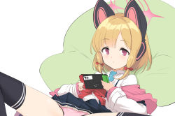 Rule 34 | 1girl, :&lt;, animal ear headphones, animal ears, black skirt, black thighhighs, blonde hair, blue archive, blue necktie, bow, closed mouth, collared shirt, commentary request, fake animal ears, feet out of frame, hair bow, halo, headphones, highres, holding, jacket, long sleeves, looking at viewer, momio, momoi (blue archive), necktie, nintendo switch, off shoulder, open clothes, open jacket, panties, pink panties, pleated skirt, red bow, shirt, sidelocks, skirt, sleeves past wrists, solo, suspender skirt, suspenders, thighhighs, underwear, white background, white jacket, white shirt