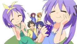 Rule 34 | 00s, 1boy, 5girls, age difference, blue eyes, brown hair, closed eyes, collarbone, eating, family, father and daughter, food, fruit, grapes, hair ribbon, happy, hiiragi inori, hiiragi kagami, hiiragi matsuri, hiiragi miki, hiiragi tadao, hiiragi tsukasa, lucky star, mother and daughter, multiple girls, open mouth, purple hair, ribbon, siblings, sisters, smile, sora to umi, twintails, waving