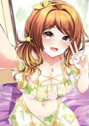 Rule 34 | 1girl, assault lily, bikini, breasts, brown hair, cleavage, dameyoshi, grey eyes, hair ornament, headband, highres, iijima renka, jewelry, large breasts, looking at viewer, medium breasts, navel, necklace, on bed, open mouth, ponytail, sarong, see-through, see-through sarong, selfie, sitting, smile, solo, star (symbol), star hair ornament, swimsuit, v, yellow bikini