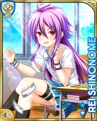Rule 34 | 1girl, armband, blue neckwear, blue skirt, board game, card (medium), chain, character name, classroom, day, desk, dropped object, girlfriend (kari), grin, indoors, long hair, official art, open mouth, plaid, plaid skirt, purple hair, qp:flapper, red eyes, school desk, school uniform, shinonome rei, shirt, sitting, skirt, smile, solo, tag, tagme, wallet chain, white shirt, window
