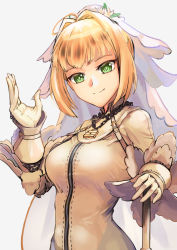 Rule 34 | 1girl, ahoge, blonde hair, bodysuit, breasts, bridal veil, chain, chain necklace, closed mouth, fate/extra, fate/extra ccc, fate/grand order, fate (series), gloves, green eyes, hair intakes, hank10111213, jewelry, lock, looking at viewer, necklace, nero claudius (bride) (fate), nero claudius (fate), nero claudius (fate) (all), padlock, short hair, simple background, smile, solo, veil, white background, white gloves