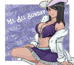 Rule 34 | 1girl, black hair, blue eyes, blunt bangs, breasts, cleavage, cowboy hat, cross-laced clothes, fur collar, fur trim, hat, highres, large breasts, long hair, midriff, miniskirt, navel, nico robin, nico robin (alabasta), one piece, skirt, solo