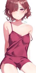 Rule 34 | 1girl, absurdres, blush, breasts, brown hair, camisole, collarbone, hair over one eye, highres, higuchi madoka, idolmaster, idolmaster shiny colors, looking at viewer, mitora nao, mole, mole under eye, one eye covered, red camisole, red eyes, red shorts, shorts, signature, simple background, sitting, small breasts, solo, strap slip, white background