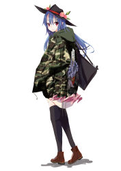 Rule 34 | 1girl, ankle boots, bag, black hat, blue hair, boots, brown footwear, camouflage, casual, closed mouth, coat, contemporary, cross-laced footwear, dress, food, from behind, fruit, full body, galaga, hair ornament, hairclip, handbag, hands in pockets, hat, hinanawi tenshi, hood, hooded coat, long hair, long sleeves, looking at viewer, looking back, peach, pink dress, red eyes, shadow, simple background, solo, standing, tetsurou (fe+), touhou, white background